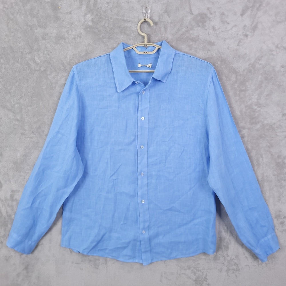 Puro Lino Mens Long Sleeve Button Down Shirt 100% Linen 3XL Blue Beachy Classic